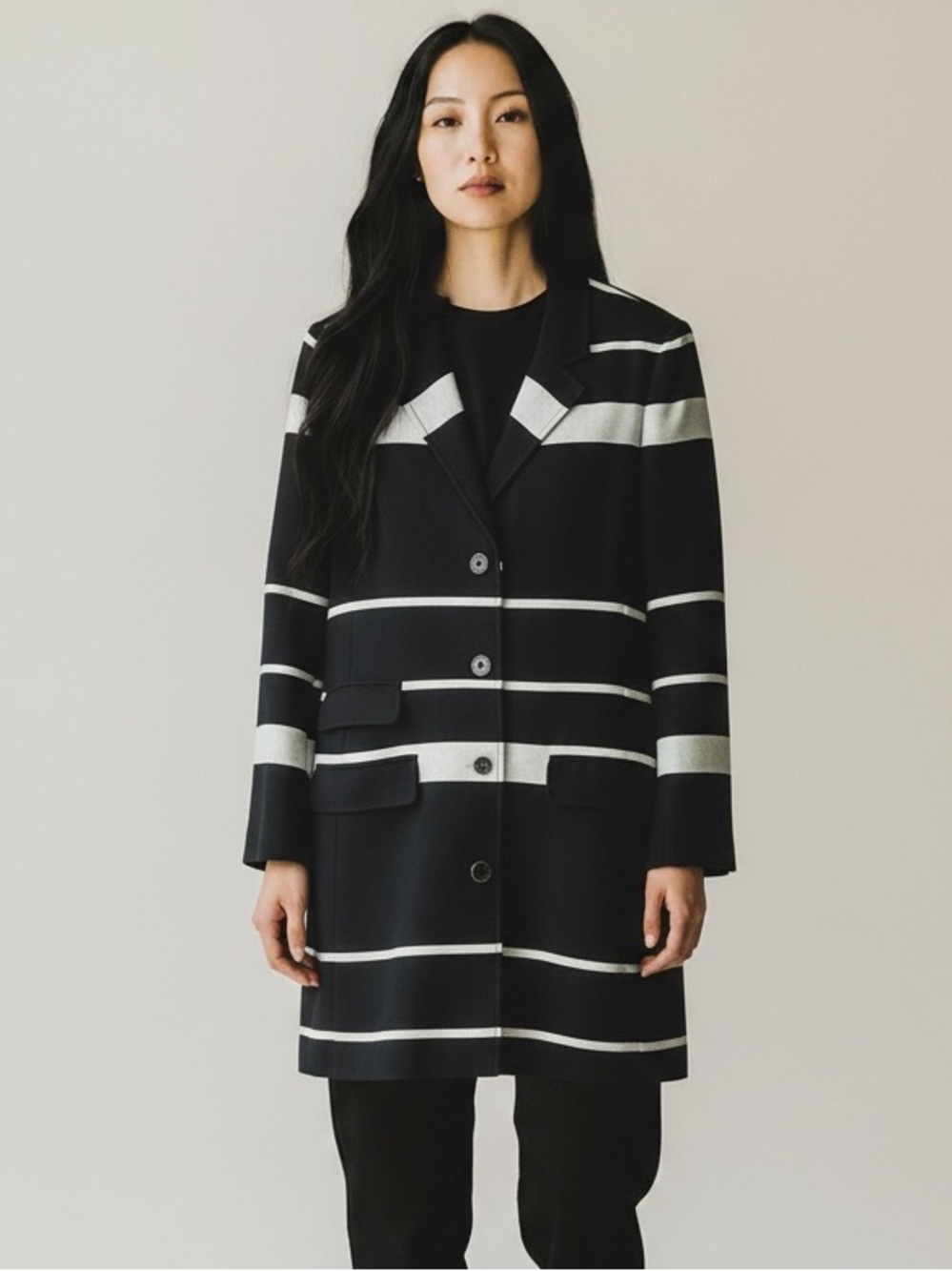 Juicy Couture Black and White Striped Blazer Button Down Jacket Coat Large